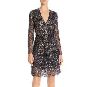 French‎ Connection Emille Black Sequin Twist Front V Neck Long Sleeve Mini Dress
